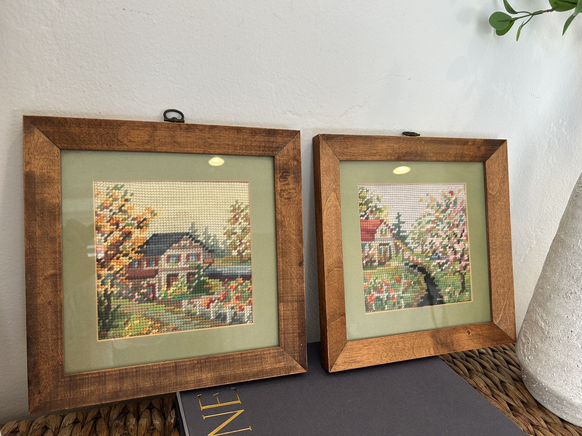 Vintage Pair 2- Handcrafted Needlepoint Wall Art Wood Framed ...