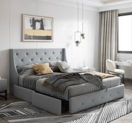 Gray Losada Upholstered queen  Storage  Bed frame w/ USB  & electrical outlets  & 4 drawers