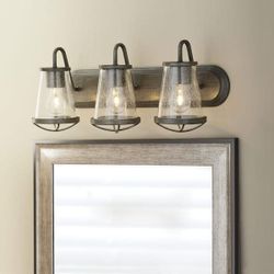 New HDC Georgina 24 in. 3-Light Weathered Iron Industrial Bathroom Vanity Light with Clear Seeded Glass Shades