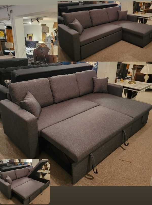 Grey Futon Sleeper Sectional Linen Fabric