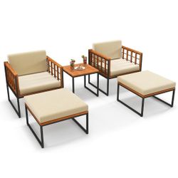 Brand New In Box  5 Pieces Acacia Wood Patio Furniture Set with Ottomans, Outdoor Conversation Set with Soft Cushions and Coffee Table for Poolside, G