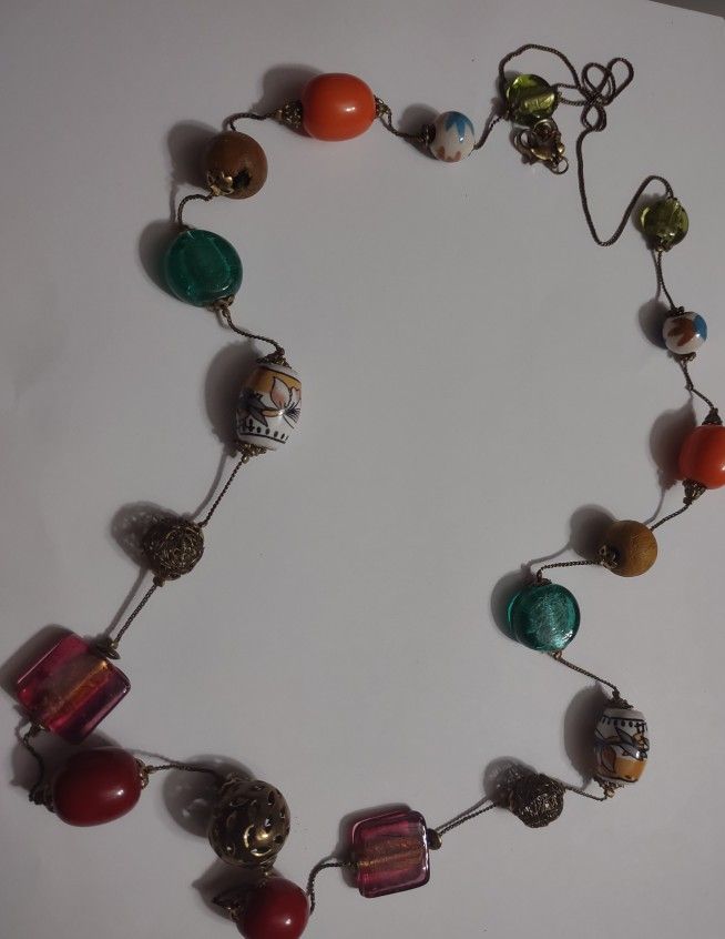 Rare Long Vintage Necklace 10k, Hand Painted Porcelain Beaded