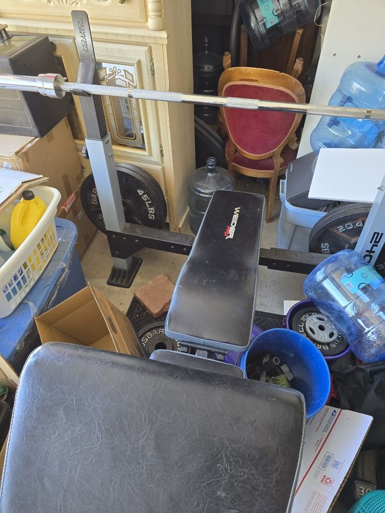 Bench with barbell, plates and leg curl