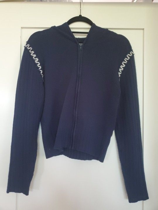 Vintage Y2K Fifi Bird Sweater Cardigan Navy Hoodie w/Pom Pom