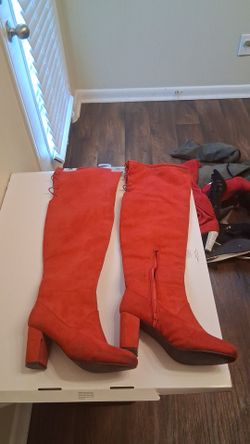 Red suede thigh high boots with zipper