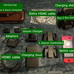 Used Nintendo Switch With 2 Pro Controllers, 2 Joy Con Controllers, Case, Dock, Charging Station, And Power Supplies.