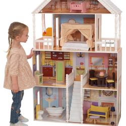 Wooden Dollhouse With Porch Swing & 14 Accessories 