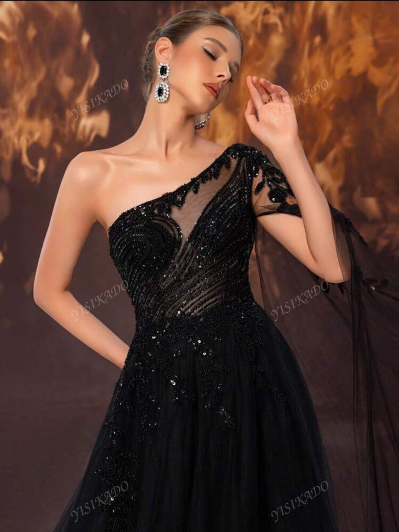 YISIKADO Women's Formal Banquet Evening Dress, Hand-Beaded Floral Applique Pleated Multi- Layer Tulle One Shoulder Dress