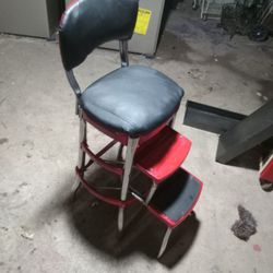 Vintage Cosco Metal Chair. Red with Black Leather Seat and Back. One of a Kind.