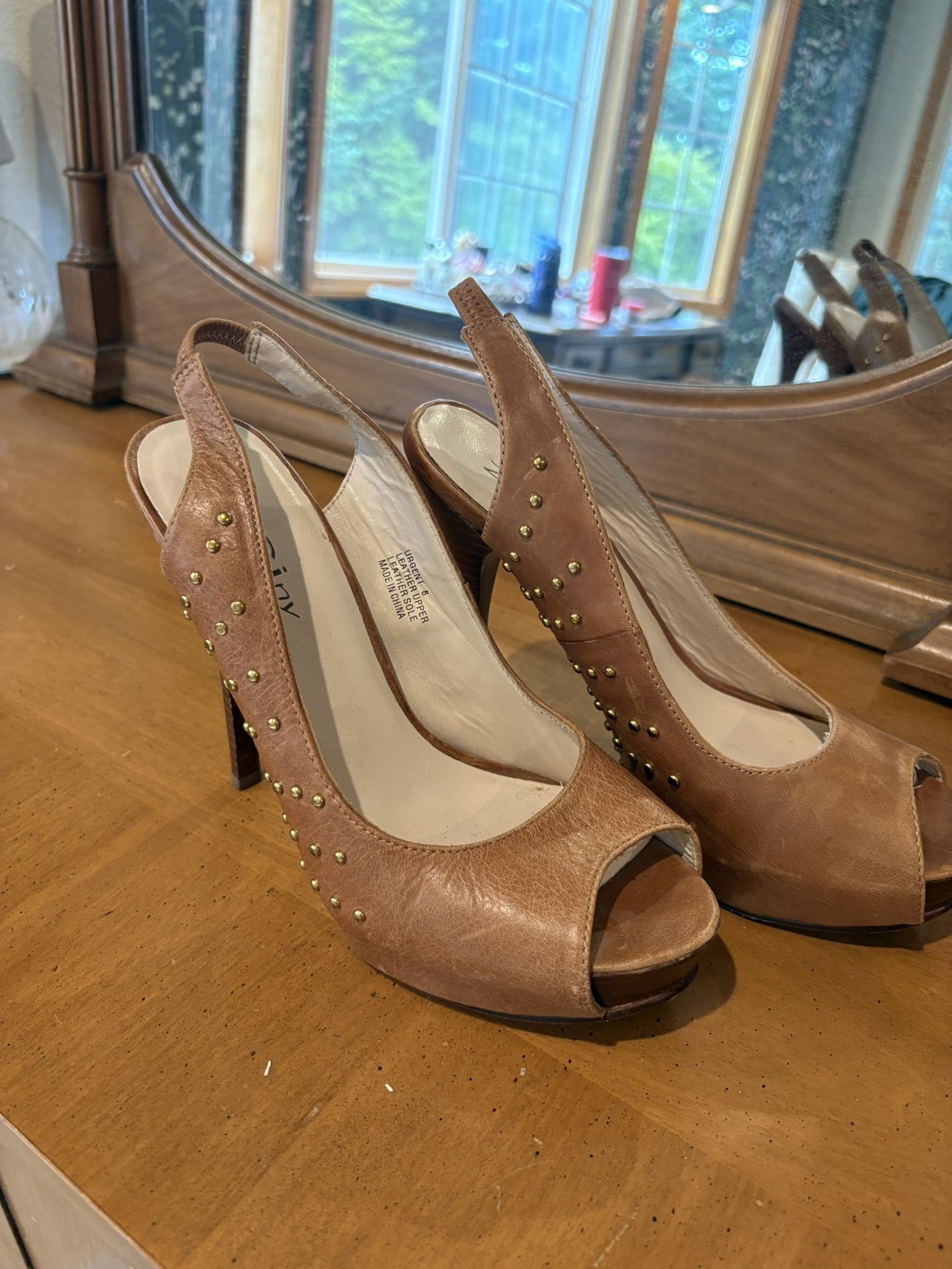 Leather Peep Toe High Heel Mules Size 8