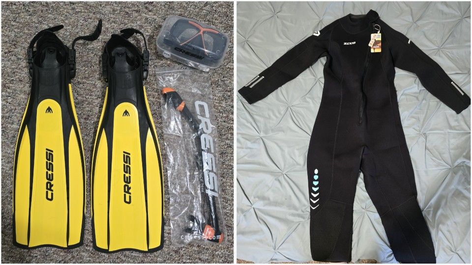 Dive gear: Wet suit, fins, mask, snorkel (all together or separately)