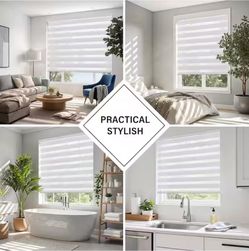 Zebra Blinds Cordless Shades-Dual Layer Light Filtering, Day & Night, White Polyester Fabric 71 in. W x 72 in. L