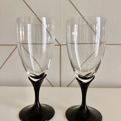 Vintage Black Tulip Stemmed Wine Glasses Set Of 2 
