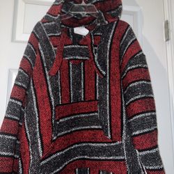 Del Mex Mexican Baja Hoodie Hippie Surf Poncho Sweater Large Red/Gray