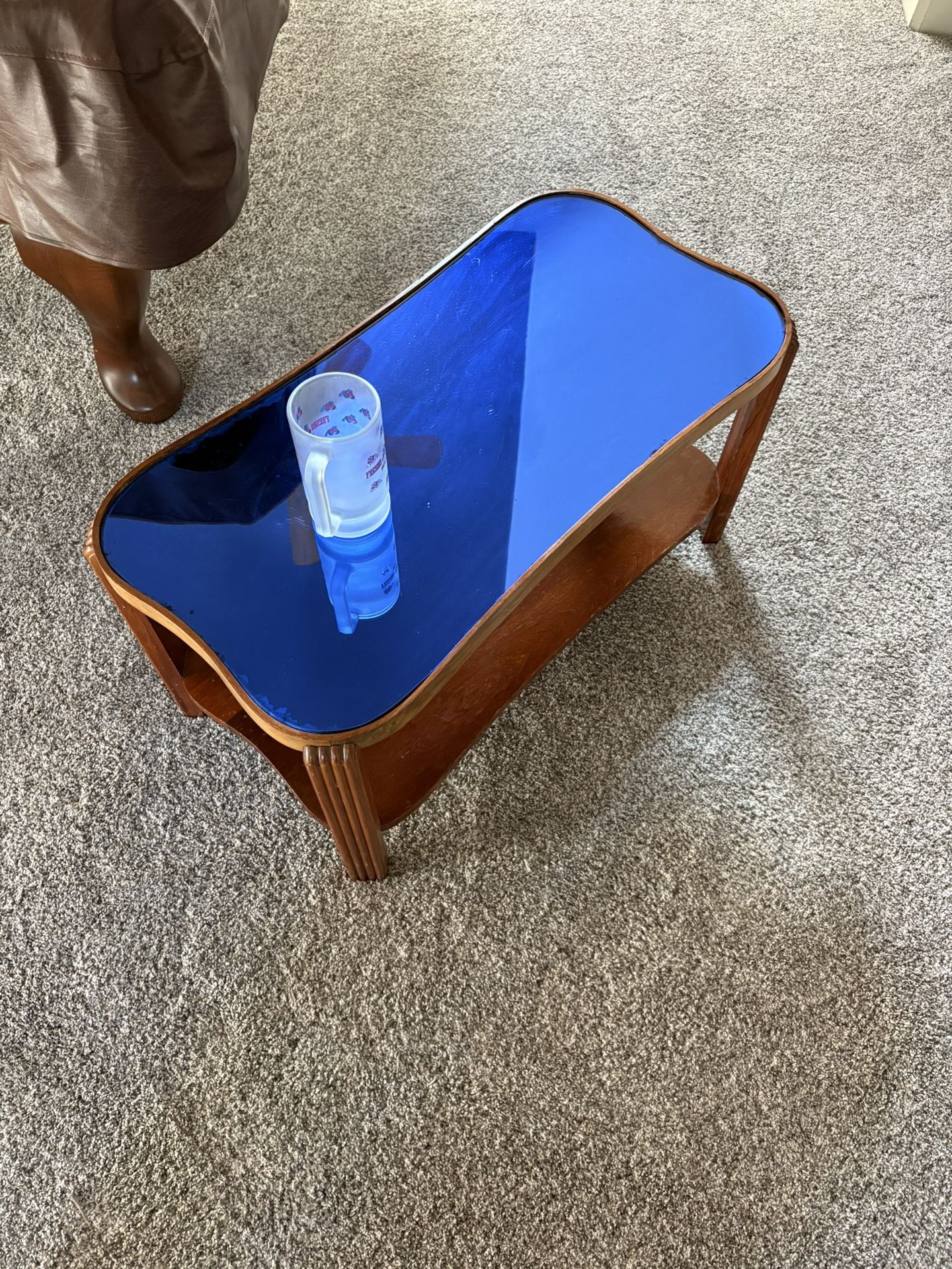 1930 Vintage Wood Art Deco Coffee Table Colbolt Blue Mirrored Glass Top MCM