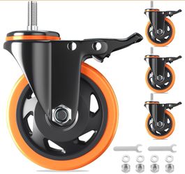5 Inch Stem Caster Wheels Heavy Duty With Dual Locking 2200Lbs, Threaded Stem Casters 3/8" -16 X 1, Swivel Industrial Casters Set Of 4, Wheels For Car