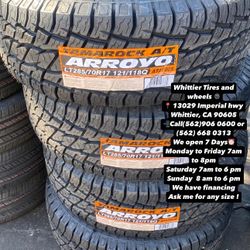 SET OF NEW TIRES, LT285/70R17 ARROYO AT , INCLUDING MOUNTING AND BALANCING. ASK ME FOR ANY SIZE OR BRAND