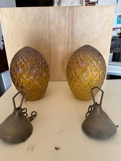 Pair of Amber Iridescent Glass Pendant Light Shades