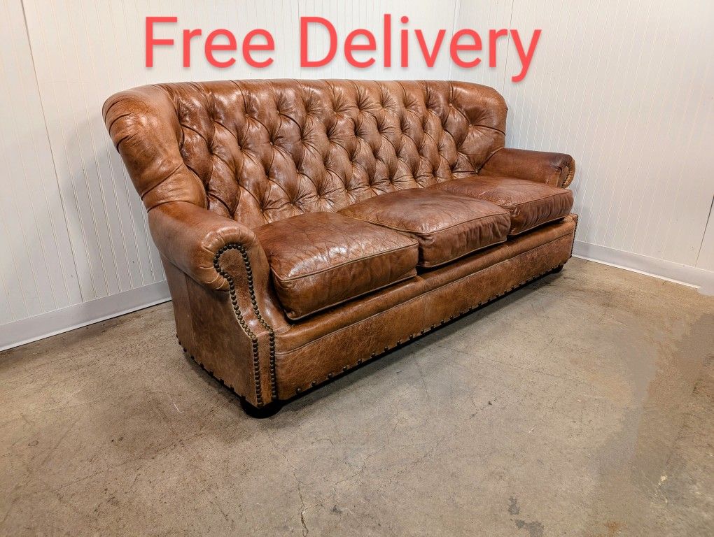 Vintage Drexel Heritage Churchill Style Tufted Leather Sofa Couch