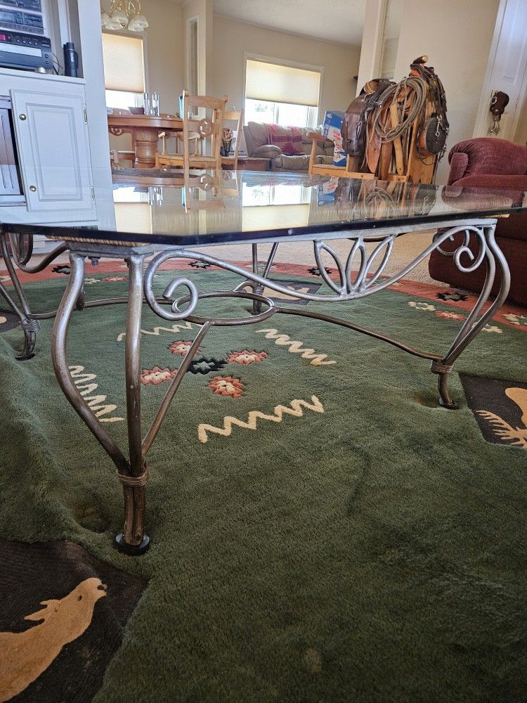 Wrought Iron Glass Top Coffee Table And Side Table