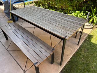 Modern Slatted Wood & Metal Outdoor Dining Set with 2 Benches