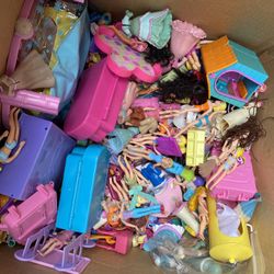 Box Of Polly Pocket Dolls With Lots Of Clothes Car Salon Accessories Some Disney Dolls included