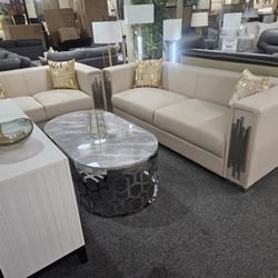 Brand New Biege Synthetic Leather Modern Sofa + Loveseat With Chrome Or Gold Trimming