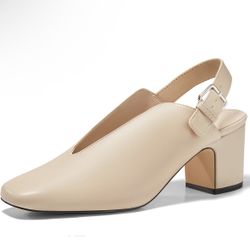 Coutgo Zapatos de tacón grueso para mujer, con puntera cuadrada cerrada, corte en V, hebilla de metal, cómodos zapatos de vestir de oficina