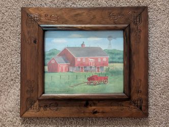 Vintage Weavers Wood Working Amish Barn Carved Wood Frame 15⅝" x 13⅝" Print