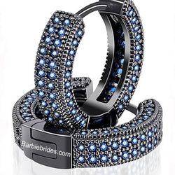 Exquisite Fully Iced Rhodium Plated Double Row Micro Pave Black Blue Cubic Zirconia Men & Women 15mm Huggie Hoop Earrings