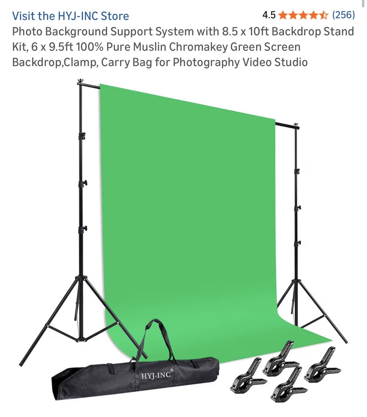 $40 Brand New HYJ-INC Photo Background Support System with 8.5 x 10ft Backdrop Stand Kit, 6 × 9.5ft 100% Pure Muslin Chromakey Green Screen Backdrop,C