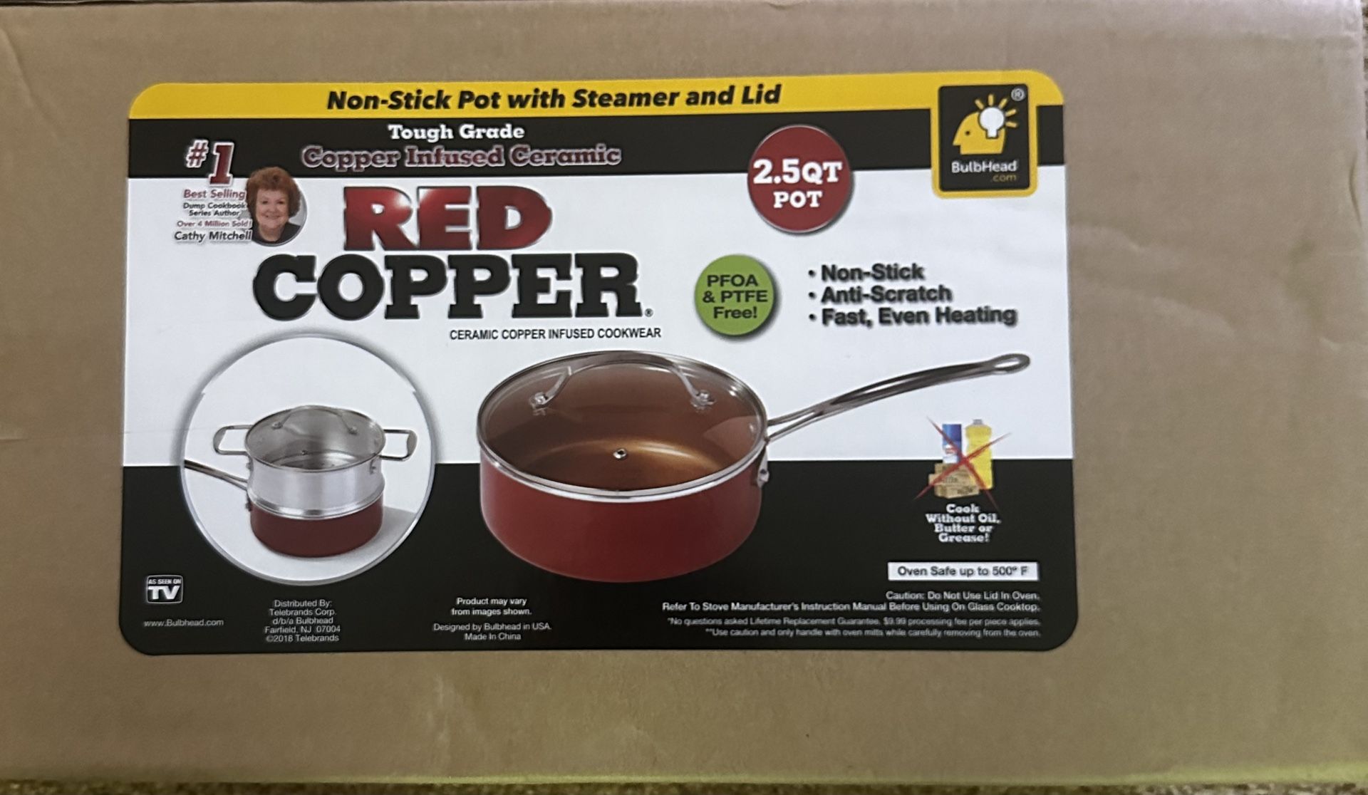Red Copper 2.5 QT Non-Stick Pot with Steamer & Lid