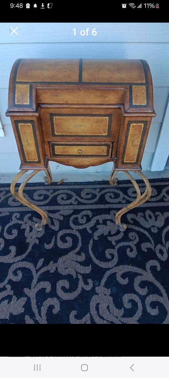 Wrapped around Tooled Leather and Wrought Iron legs Sewing table 