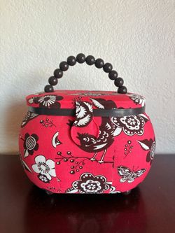 Red Floral Fabric Sewing Basket with Beaded Handle