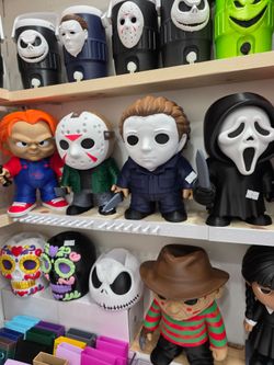 Horror Movie Character Funko Pop Chucky, Jason Voorhees, Michael Myers, and Ghostface.