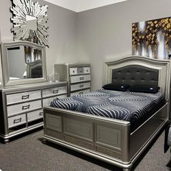 Silver Grey Queen Panel bed , chest, nightstand and dresser 💥 Coralayne Bedroom Set 