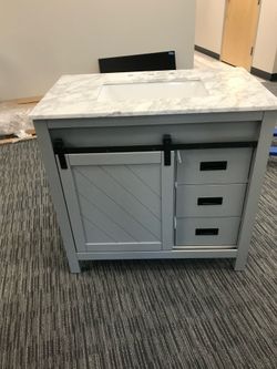 36” Bathroom vanity in grey with marble countertop