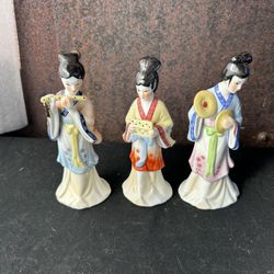 Set of Three Vintage Chinese Glazed Ceramic Musical Instrument Figurines.  Price is for Set Of 3.
