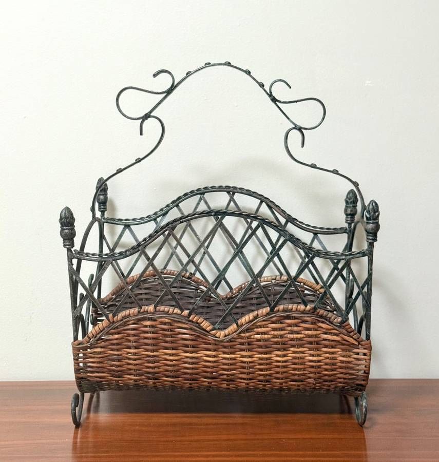 Vintage Mid Century BoHo Metal And Reed Magazine Rack Accent Decor