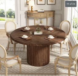 BRAND NEW - STILL IN BOX - brown round dining table, seats 4-6. Originally $300