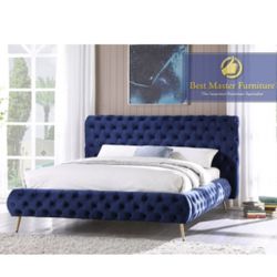 Queen Bed Navy Blue Velvet 