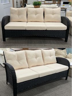 3-Seat Outdoor Couch, Wicker Patio Sofa with Thickened Olefin Cushions, High Back and Deep Seating, Hand-Woven PE Rattan for Porch, Deck, Balcony.（Bla