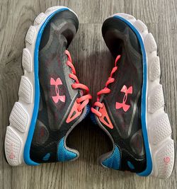 Under Armour Gray Mesh Sneakers with Pink Accents and Blue Trim