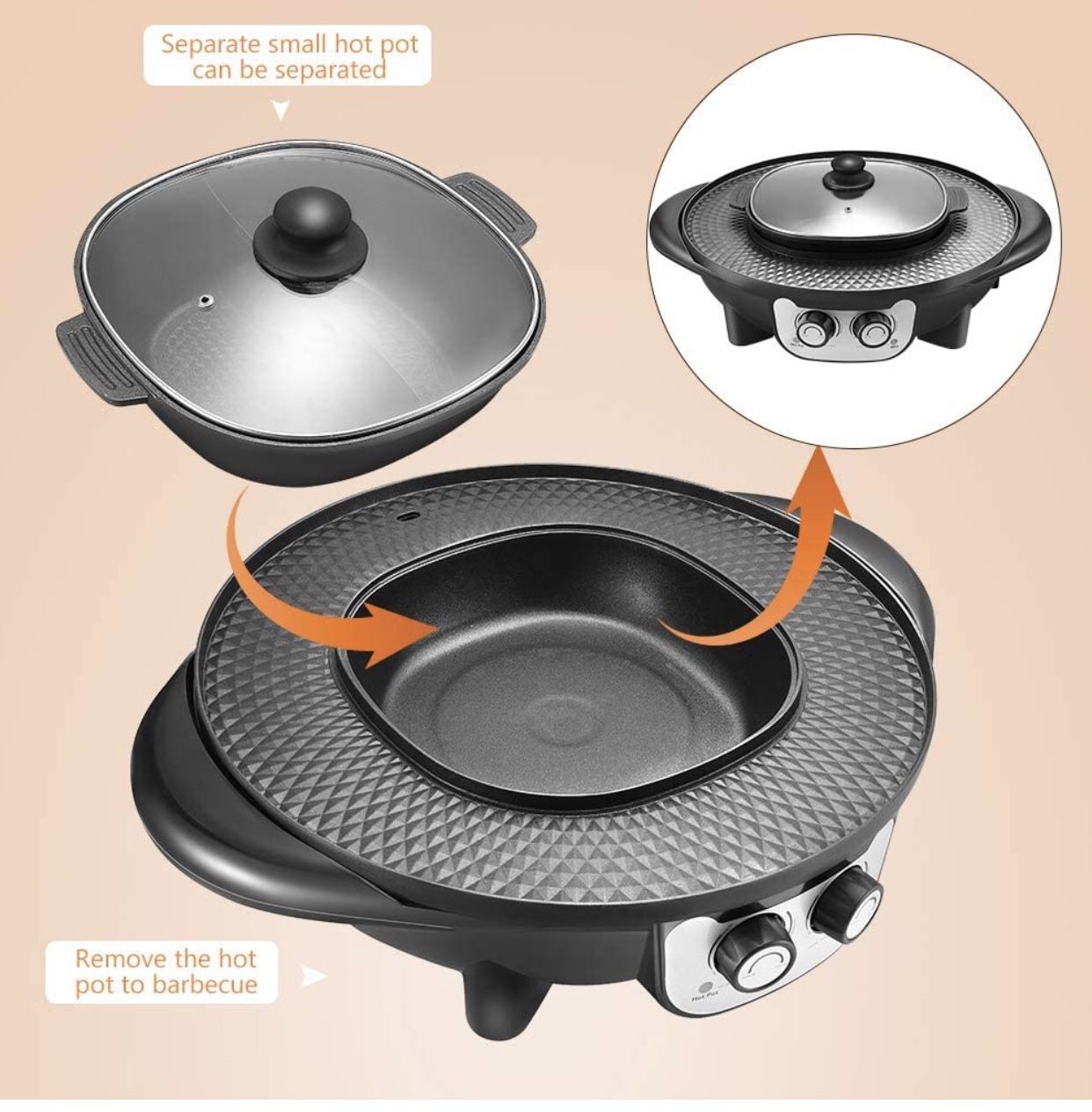 2 in 1 Portable Electric Grill Upgraded 2200W Electric Hot BBQ Pot for Indoor Outdoor Parties, Black