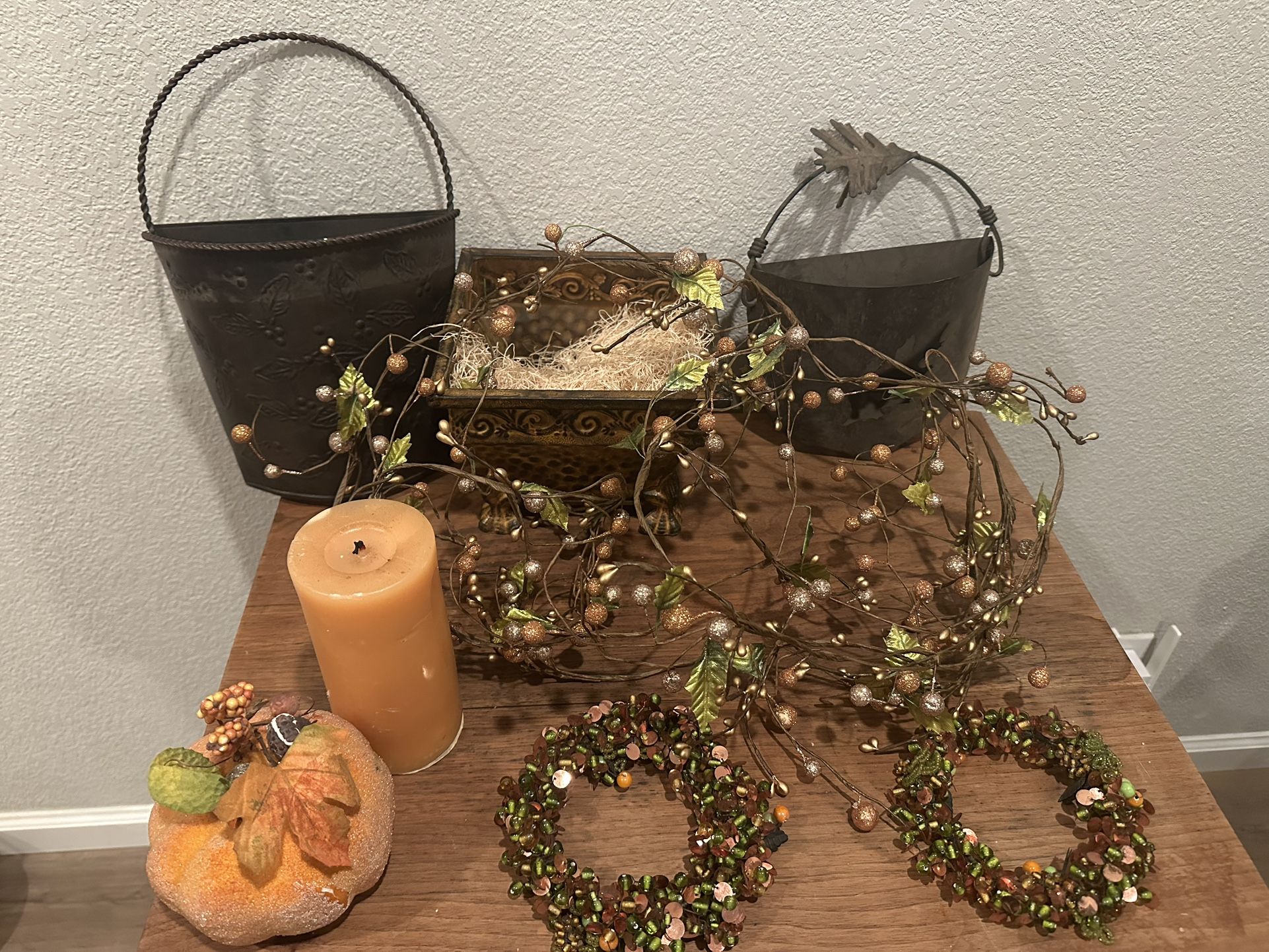 Fall Thanksgiving Decor - Baskets Wreaths Gourds Candle Pumpkin + Garland and more