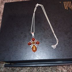 Vintage Amber Pendant With Chain Both Marked 925 Amber