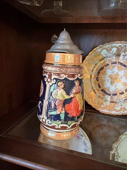 German Ceramic Beer Stein with Pewter Lid