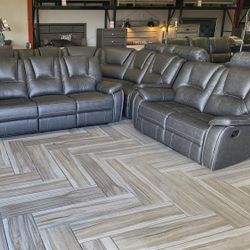 2PC GREY Breathable Air Leather Manual Recliners Sofa Loveseat Set