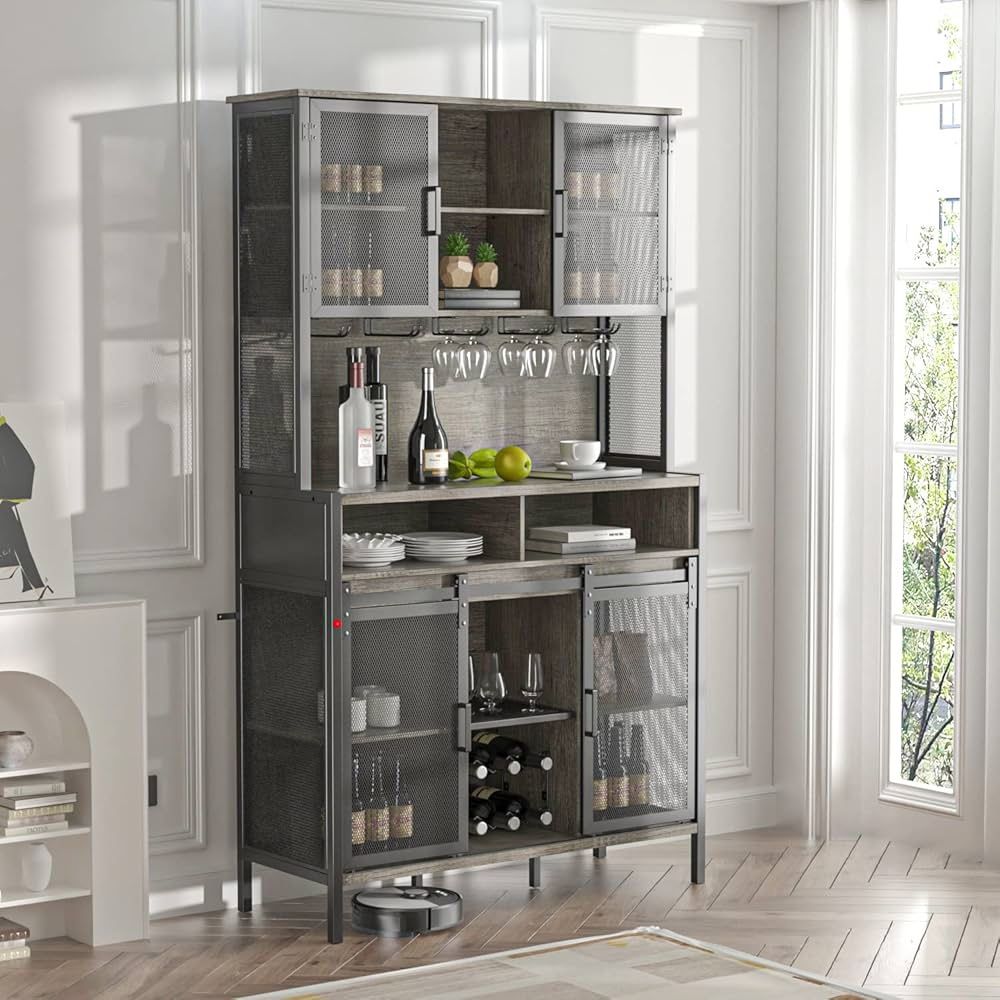 Bar Cabinet with LED Lights, 72" Tall Wine Bar Cabinet Liquor Cabinet with Sliding Barn Door and Glass Holder $120