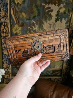 Asian Carved Wooden Jewelry Box with Metal Clasp